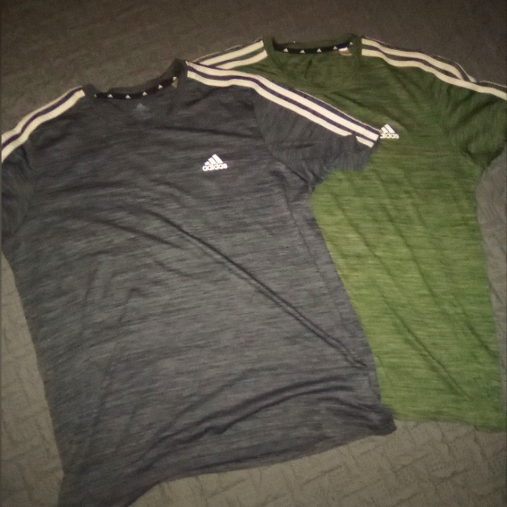 Men's Adidas Dri Fit Primegreen size Large, one is blue/gray, and 1 is green